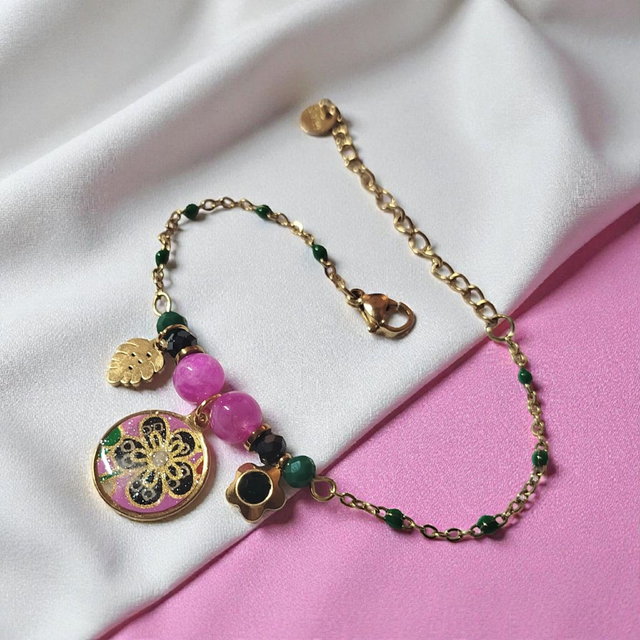 bracelet acier inoxydable motifs japonais rose fuchsia noir vert et doré