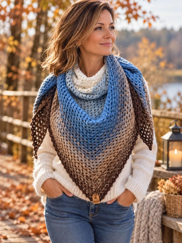 7.Châle dégradé  blanc, bleu ciel, bleu jean, bleu intense, taupe, beige et marron chocolat.