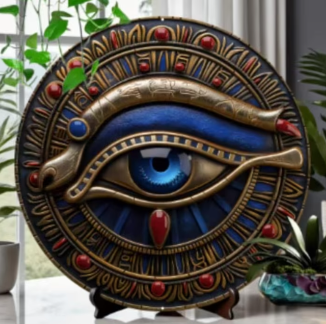 Vintage rond metalen bord Oog van Horus (20cm)