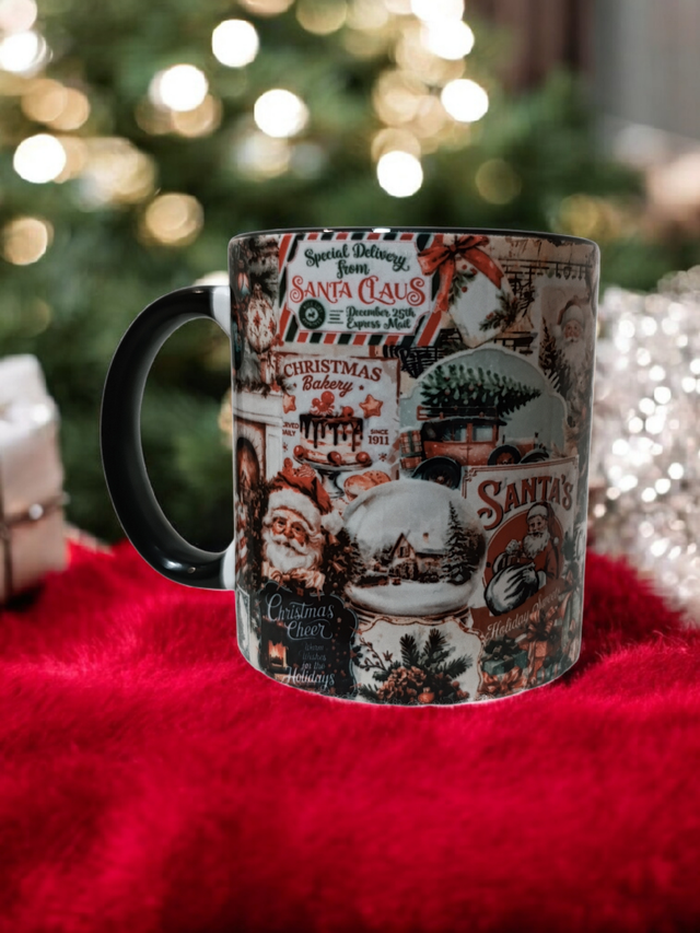 Tasse en Céramique Vintage Noël – Collage Rétro Santa & Décorations Festives