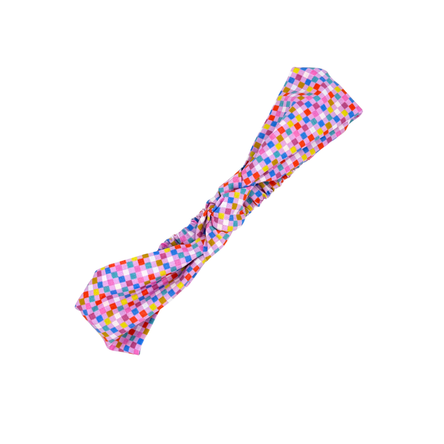 Knotted Elasticated Headband - Pink Check - Japanese Cotton
