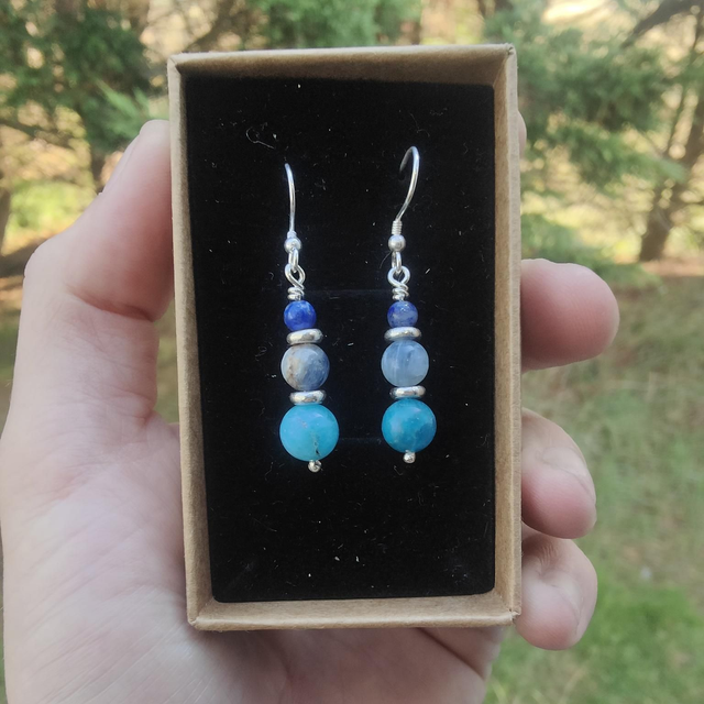 Boucles d'oreilles "Harmonie" Triple : Apatite, Cyanite et Lapis Lazuli