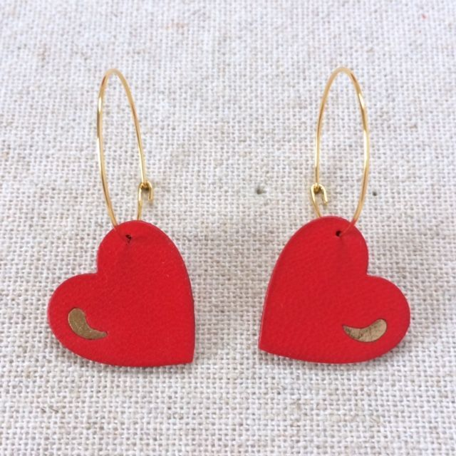 Boucles d’oreilles « Chœur » dorées, cuir noir rouge coquelicot et doré