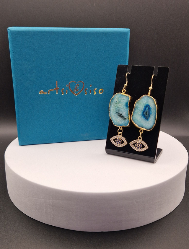 Blue Slice Agate Earrings With Evil Eye Pendant