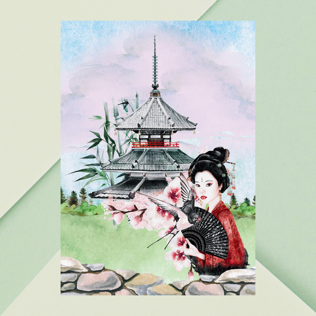 Impression d'Art Élégance Japonaise – Geisha Traditionnelle et Pagode / Japanese Elegance Art Print – Traditional Geisha and Pagoda Wall Decor