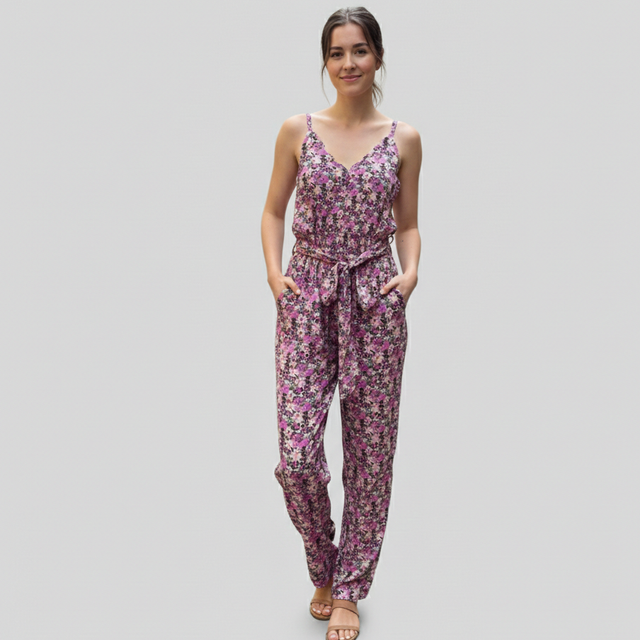 • Combinaison Pantalon à Bretelles Emma Ella – Motif Fleuri avec Ceinture Noeuds
