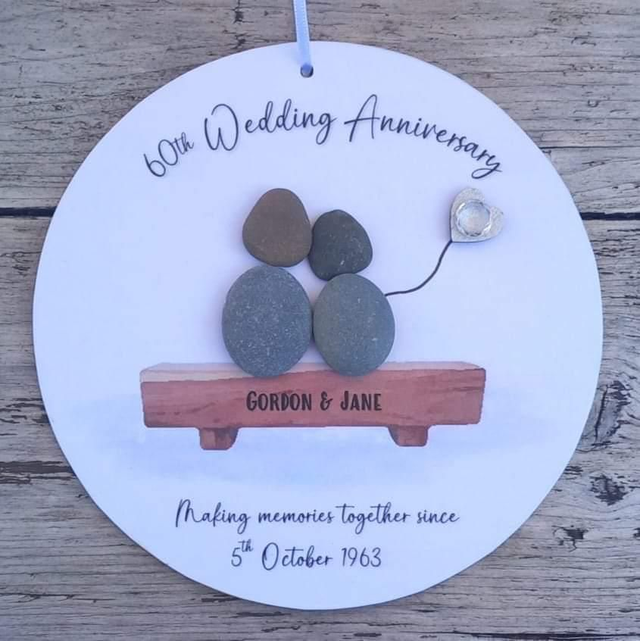 Personalised 60th Diamond Anniversary Gift: Pebble Couple on Bench Handcrafted Wooden Plaque 10th, 20th, 25th, 30th, 40th, 50th anniversary