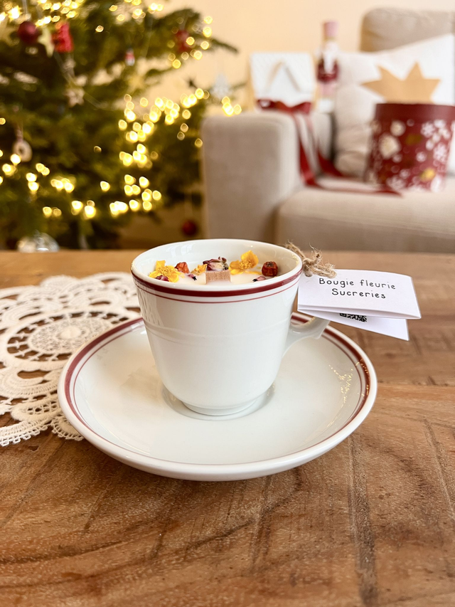 🎄 Bougie Sucreries - tasse à café &quot;double liseré bordeaux&quot; avec sous-tasse