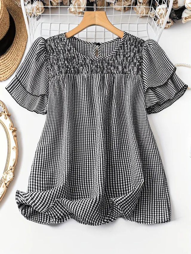 Women's Short Tiered Sleeve Gingham Print 