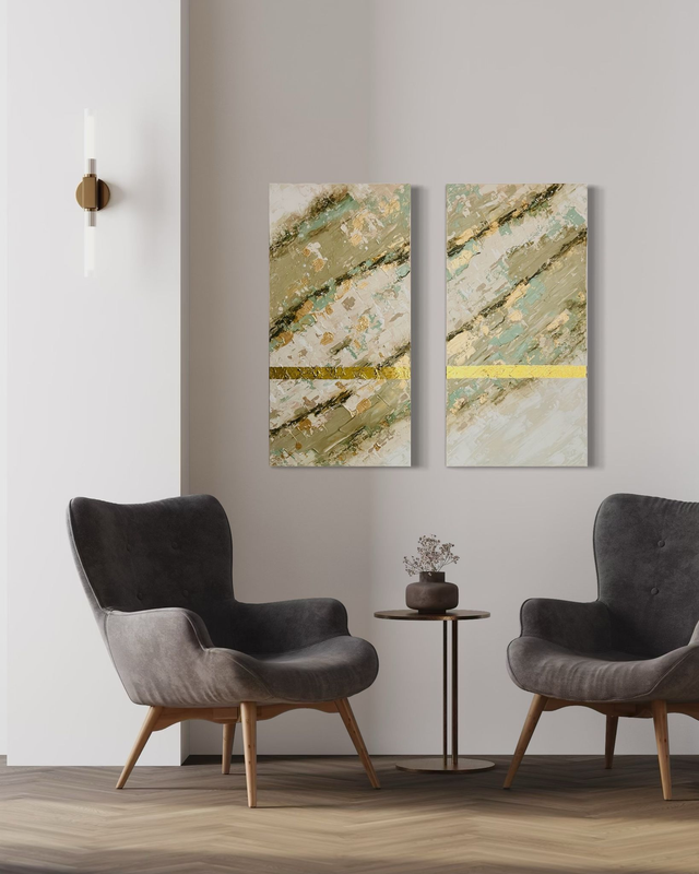 Vendue ✋🛑 Reflet d'équilibre - Diptyque abstrait contemporain vert doré