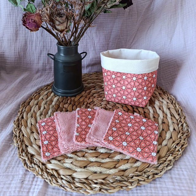 Panière + 5 Cotons Lavables Étoiles Corail