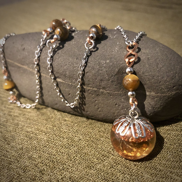 Crystal Energy Sphere Drop Pendant with Amber Gemstones (&amp; Infinity Symbol)