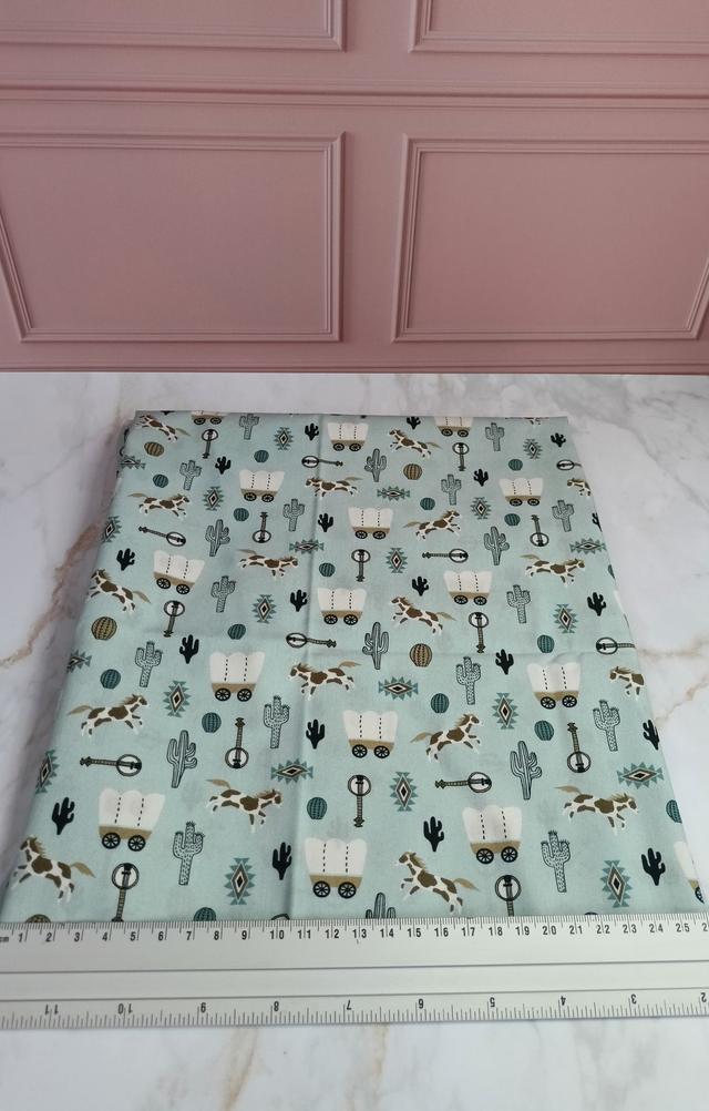 Tissu coton bleu ciel/western