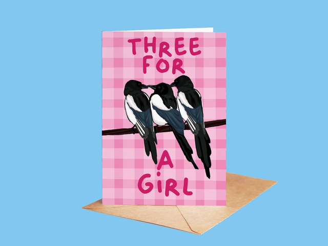 Three For A Girl - Magpie New Baby Girl Greeting Card