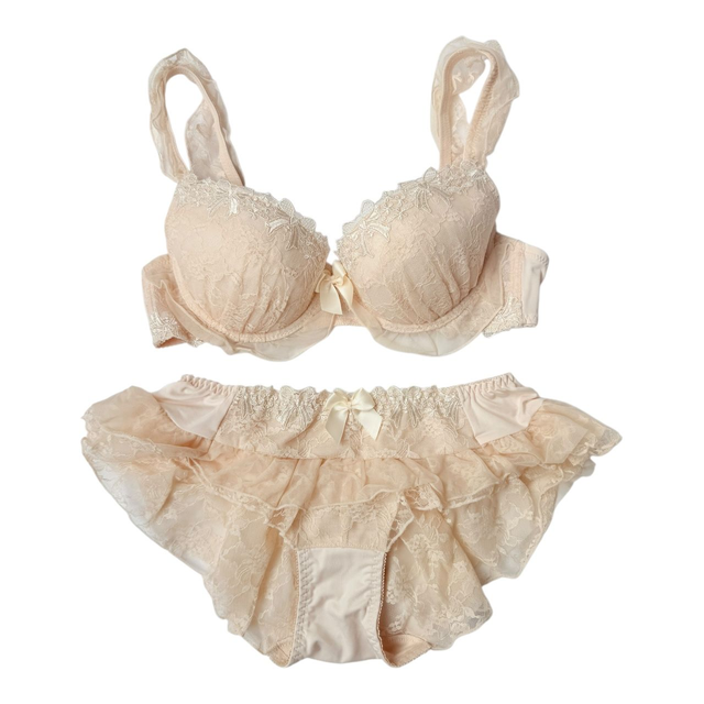 Peachy/cream embroidered bows Japanese Bra + Underwear Set UK 34C