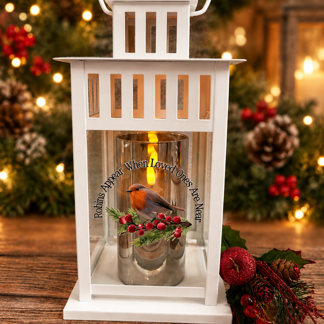 White Robin Memorial Lantern – Christmas Remembrance Gift for a Loved One
