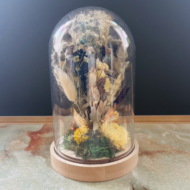 Larger size poppy head and helichrysum glass dome