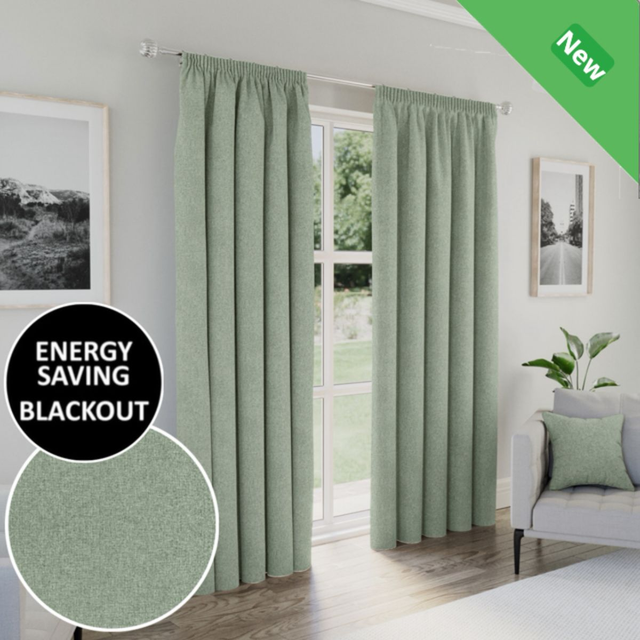 Enhanced Living Dallas Green 100% Blackout Textured Linen Look Readymade Pencil Pleat Curtains