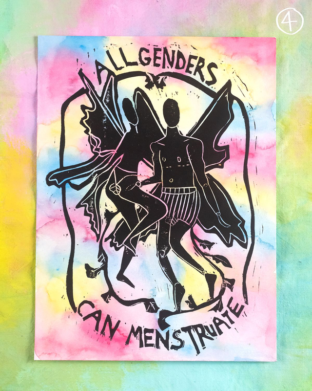 Linogravure "All genders can menstruate"