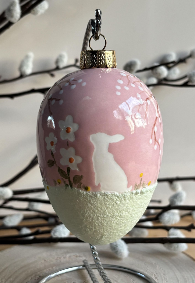 10cm Handmade Egg showing Two Rabbits - choice of pink or blue