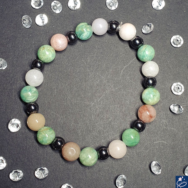 Bracelet élastique en amazonite, hématite, quartz rose