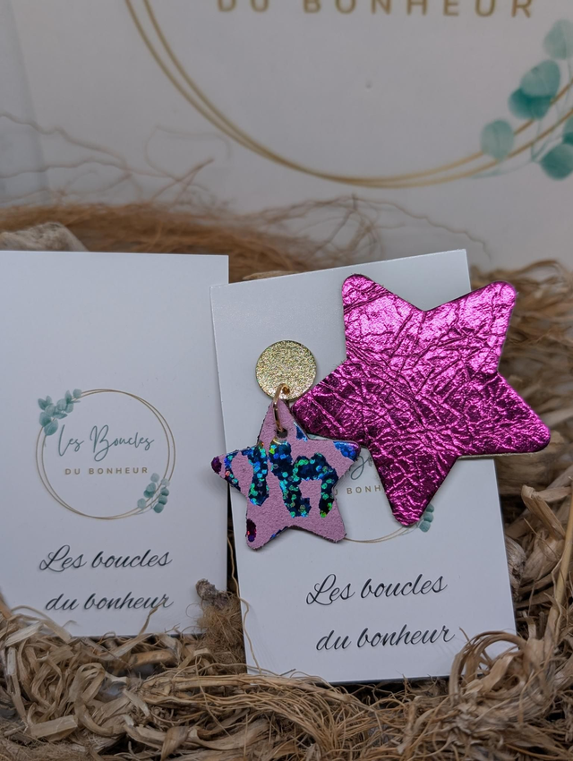Boucles d&#039;oreilles Asymétrique Étoile rose fushia st055