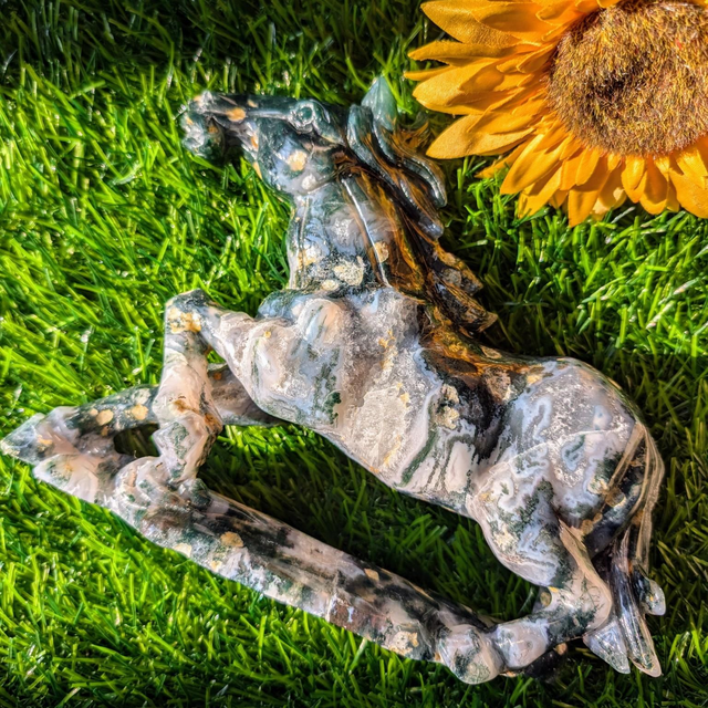 Large Moss Agate Horse Carving 