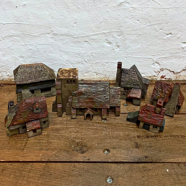 Early Handcrafted Wooden Village – Naively Scratch-Made With Original Painted Finish