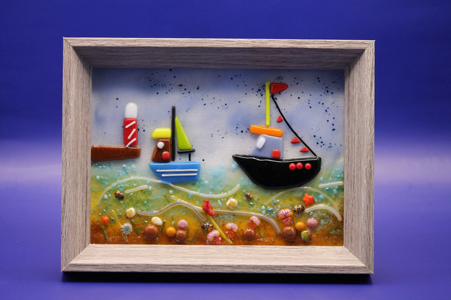 Quirky Fishing Boats Framed Fused Glass Art