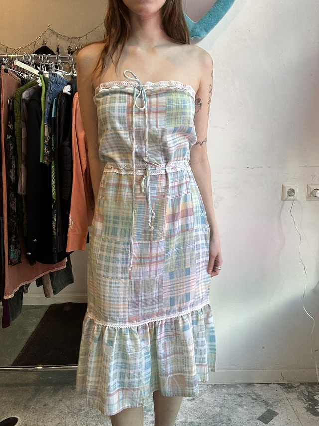 checkered pastel colored strapless midi dress