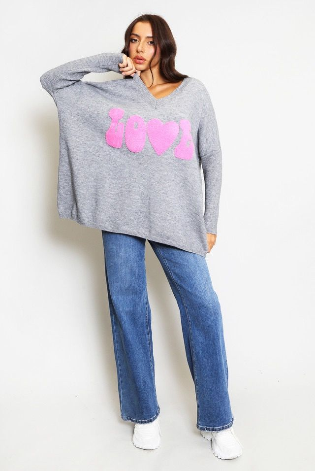 LOVE Slogan Jumper - Grey / Pink