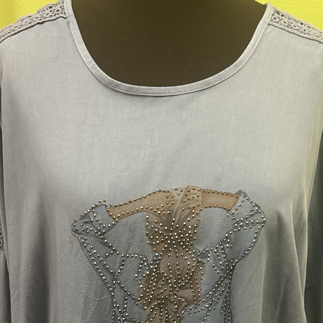LMF - Blue Linen Top with Crochet Pattern to Shoulder and Arm - Free Size - 917