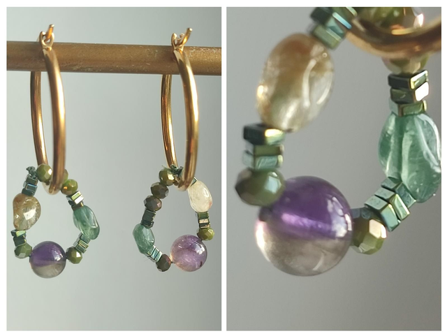 Créoles améthyste ,citrine, apatite en pierres naturelles acier inoxydable doré -sans nickel, pièce unique 