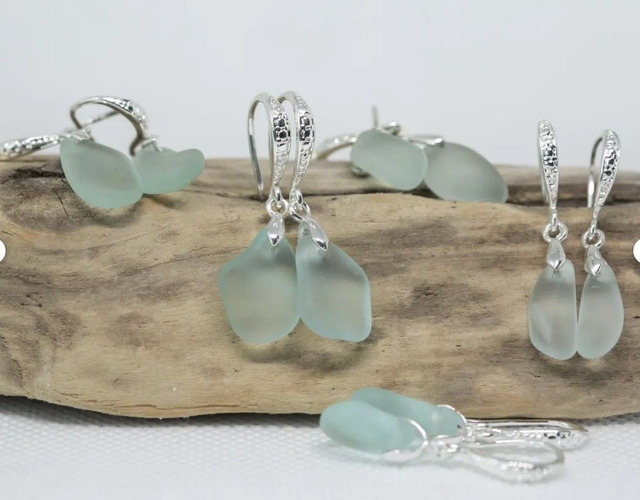 Aqua marine sea glass earrings with ornate silver plated hooks