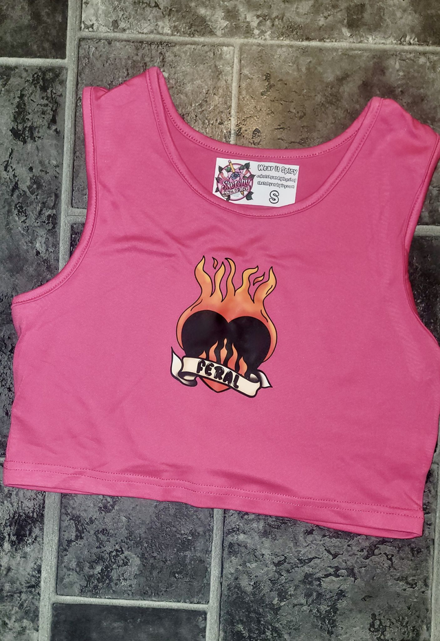 Feral Sacred Heart Cropped Vest – Pink Alt Tattoo Style – Sizes S–XL