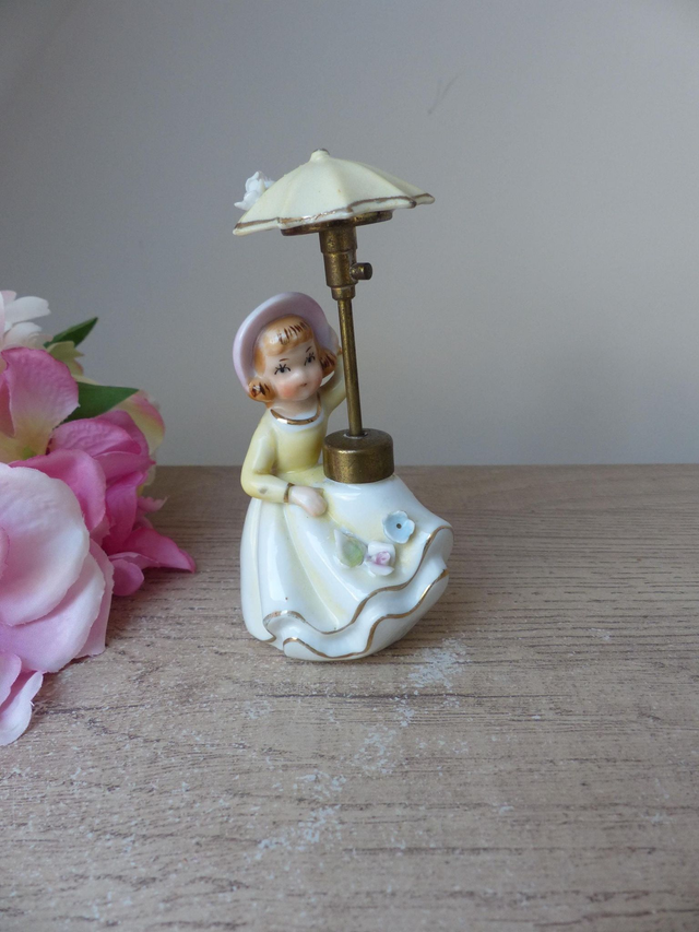 Vaporisateur en Porcelaine Vintage – Flacon de Parfum Femme au Parapluie – Années 1940–1960 – Décoration Coiffeuse ou Chambre – Objet Rare