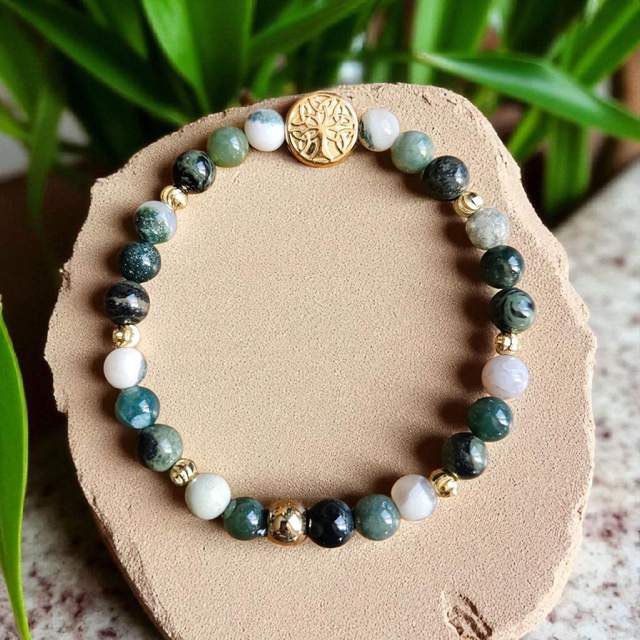 Bracelet Femme "Nouveau Départ &amp; Prospérité" : Agate Arbre, Agate Mousse &amp; Jaspe Kambaba