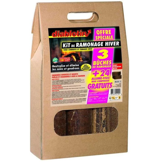 Diablotin Kit 3 bûches de ramonage Hiver et 24 cubes allume feux