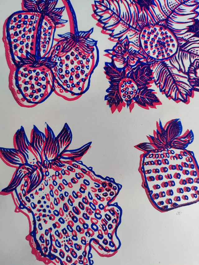 impression linogravure fraises "Collection" bicolore 24X32cm