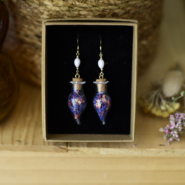 boucles d’oreilles fioles rose & bleuet
