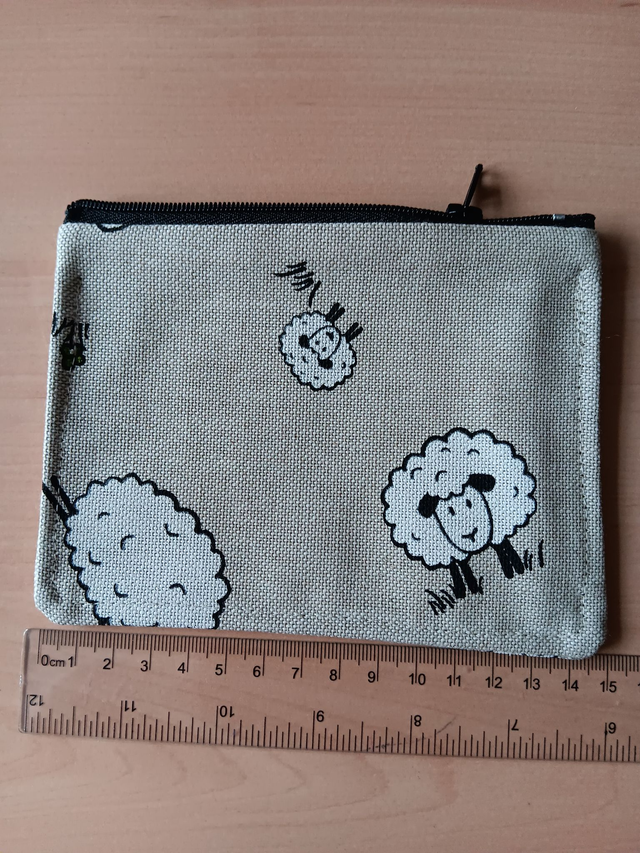 Beige Purse with Sheep Pattern, Grey Waterproof Lining and Black Zip