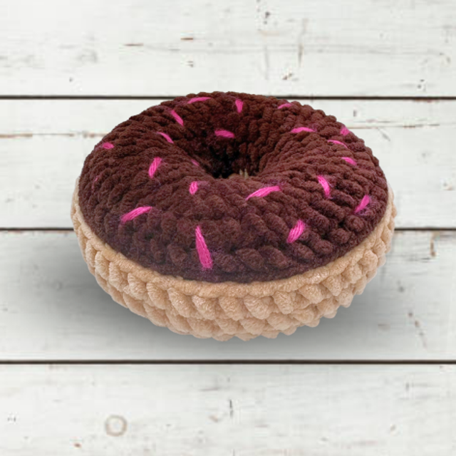 Large Crochet Chenille Doughnut, Chocolate & Pink, Ukca tested