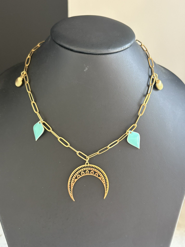 🌙 Collier "Lune Bohème & Gouttes Turquoises" – Fait main