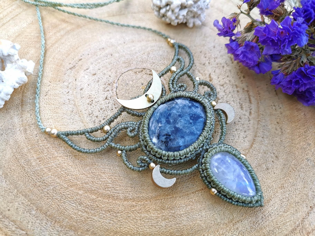 Collier lunaire ~ Larvikite & Labradorite blanche