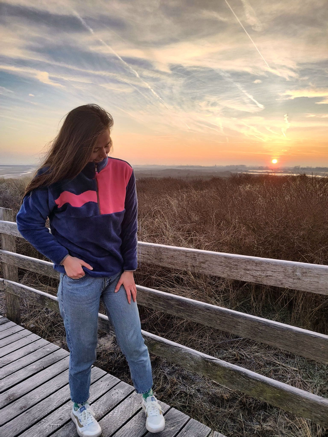 Pull polaire bleu et rose