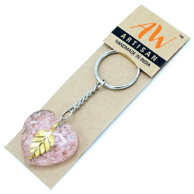 Hand made Orgonite power keyring Rose Quartz hearts - golden left