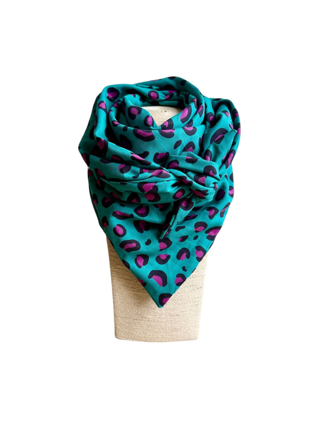 Foulard triangle - LEOPARD turquoise et prune