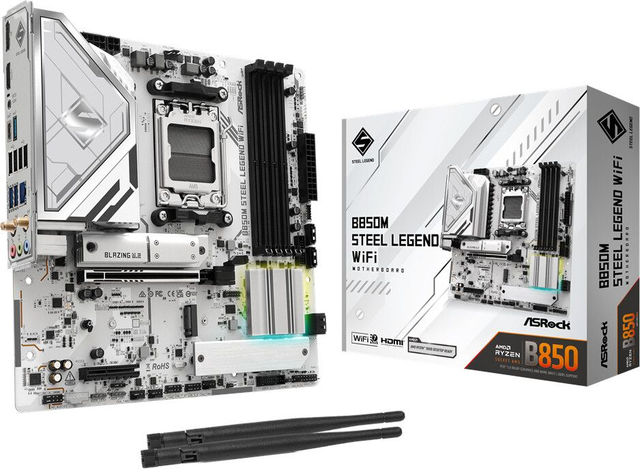 02.2.0121 – Scheda Madre ASRock B850M Steel Legend WiFi – Micro‑ATX mid‑range bianca/argento con WiFi 7 per Ryzen 7000/8000/9000