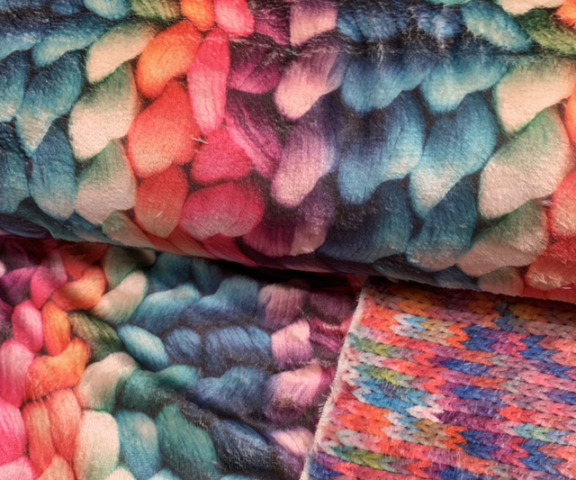 Double sided print velvety fleece rainbow knit print