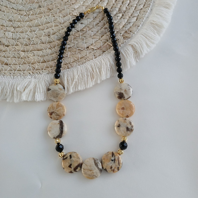 Dames ketting Veldspaat en Onyx - rvs (1.299)